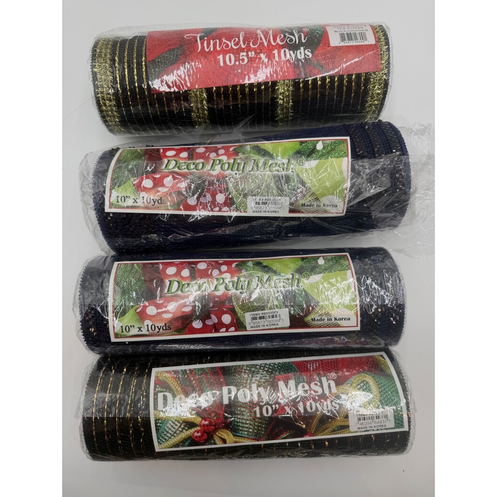 4 Rolls Deco Poly Mesh & Tinsel Mesh Ribbon 10in x 10yds Navy Black Gold Craft